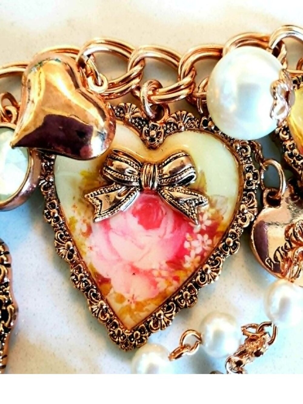 Vintage Betsey Johnson Necklace Y2K Victorian Pink Rose Cherub Pearl Think Of Me - Picture 6 of 10